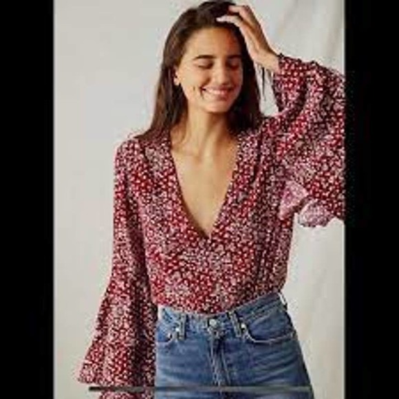 Free People Tops - Free People Red Floral V-Neck Long Sleeve Bodysuit
